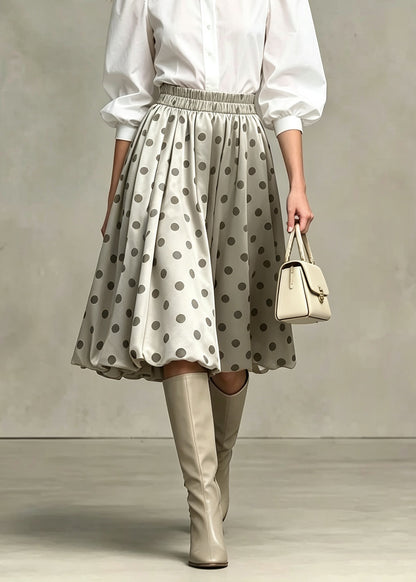 Unique Khaki Dot Elastic Waist Patchwork Cotton Skirts Fall