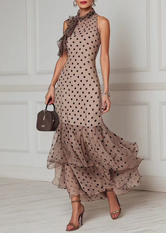 Unique Khaki Dot Lace Up Patchwork Tulle Long Dresses Summer