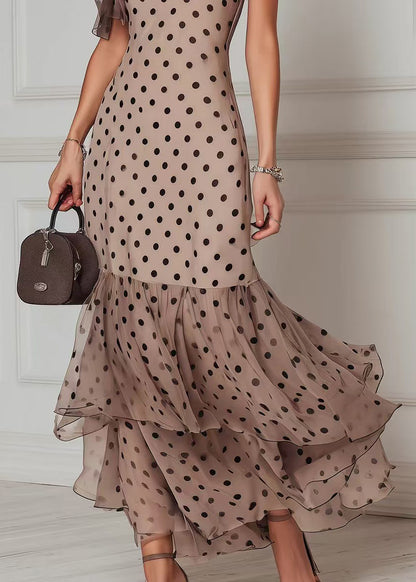 Unique Khaki Dot Lace Up Patchwork Tulle Long Dresses Summer