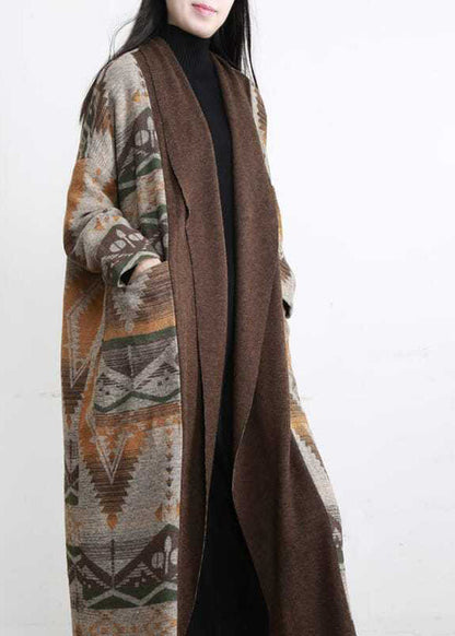 Unique Khaki Oversized Patchwork Print Wool Loose Cardigan Fall