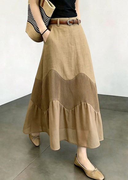 Unique Khaki Pockets Patchwork Wavy Stripe High Waist Skirt Fall