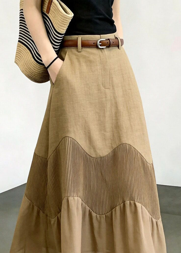 Unique Khaki Pockets Patchwork Wavy Stripe High Waist Skirt Fall