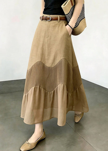 Unique Khaki Pockets Patchwork Wavy Stripe High Waist Skirt Fall