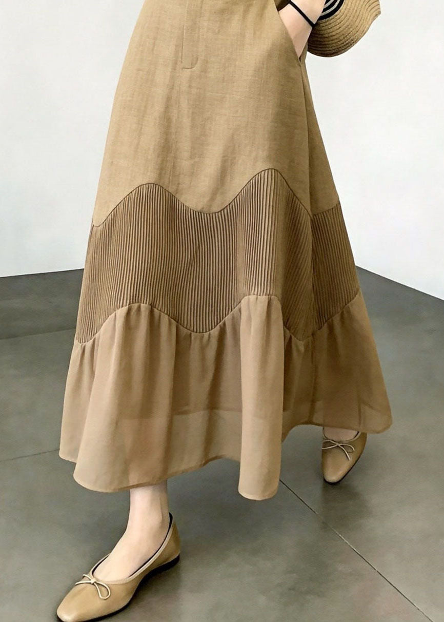 Unique Khaki Pockets Patchwork Wavy Stripe High Waist Skirt Fall