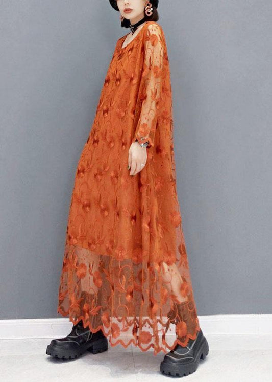 Unique Khaki Tulle Embroideried Fall Long Sleeve Long Dress - SooLinen