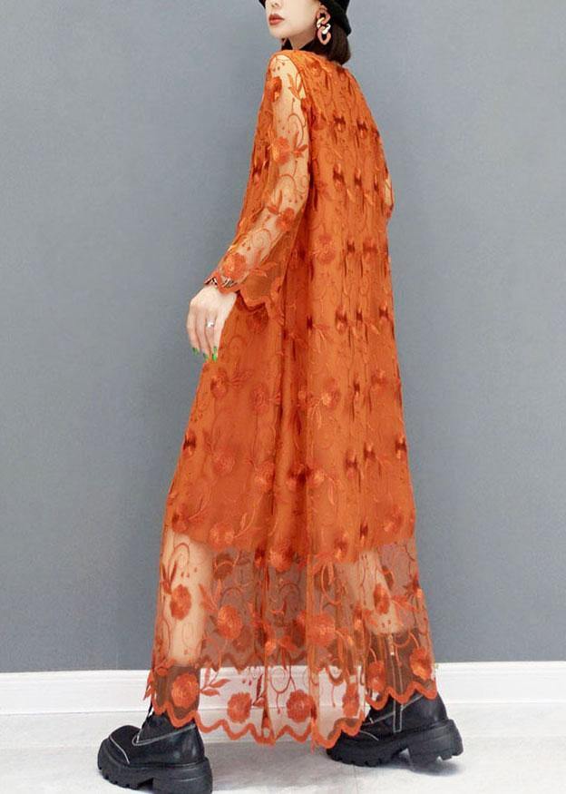 Unique Khaki Tulle Embroideried Fall Long Sleeve Long Dress - SooLinen