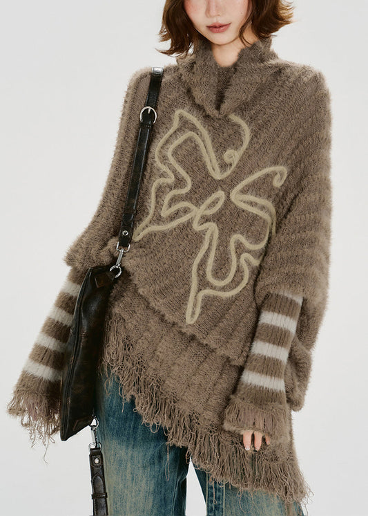 Unique Khaki Turtle Neck Tasseled Knitted Tops Batwing Sleeve