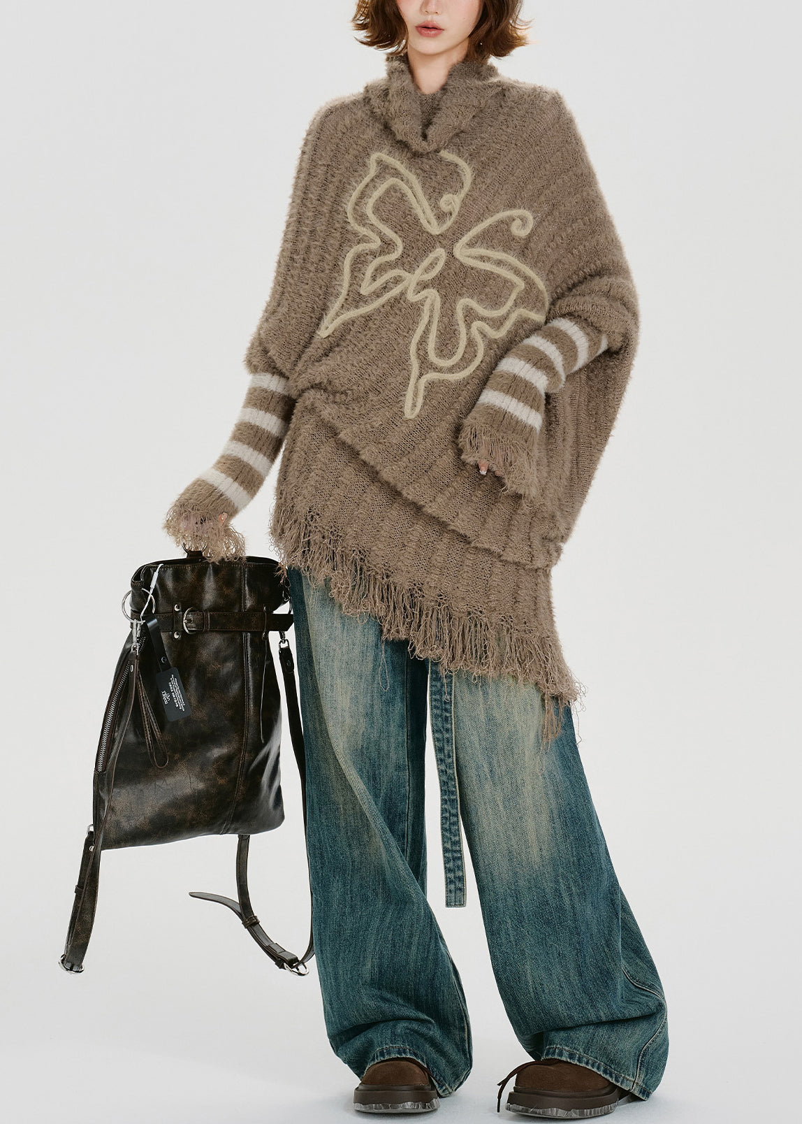 Unique Khaki Turtle Neck Tasseled Knitted Tops Batwing Sleeve