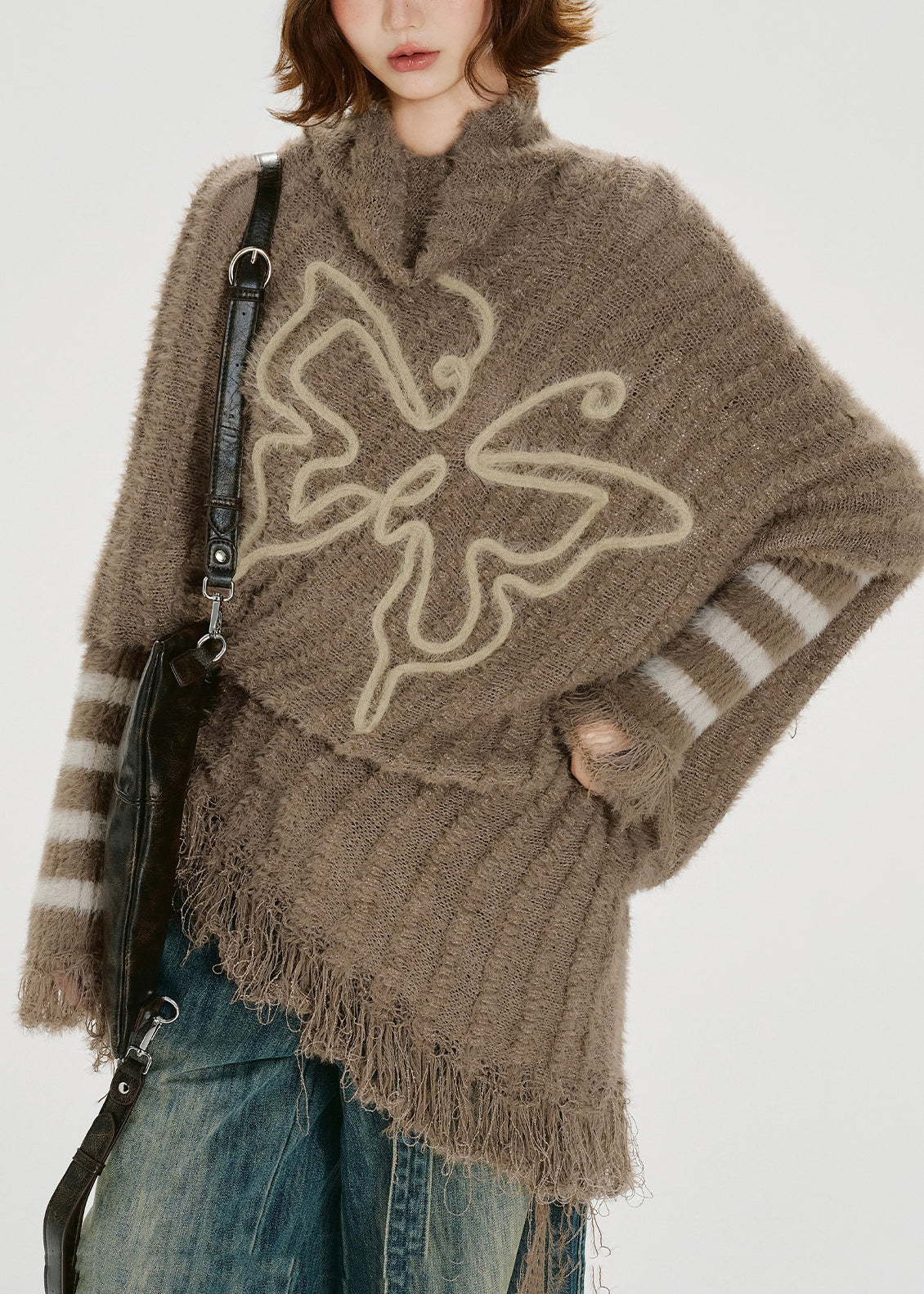 Unique Khaki Turtle Neck Tasseled Knitted Tops Batwing Sleeve