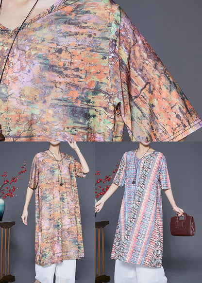 Unique Khaki V Neck Tie Dye Silk Long Dress Summer