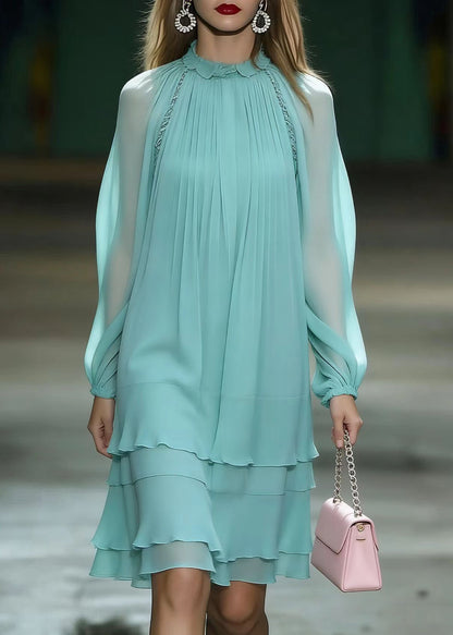 Unique Lake Blue Draping Layered Chiffon Day Dress Spring