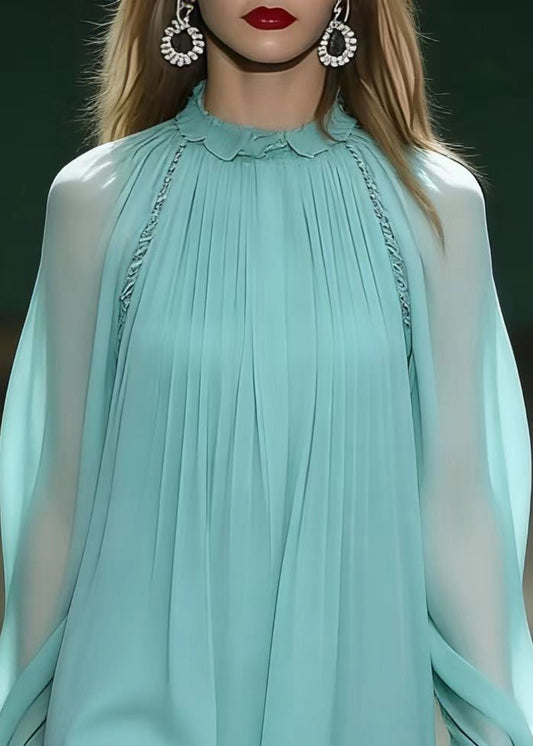 Unique Lake Blue Draping Layered Chiffon Day Dress Spring