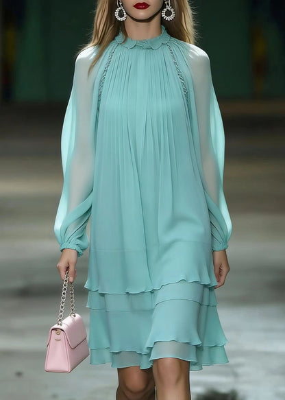 Unique Lake Blue Draping Layered Chiffon Day Dress Spring