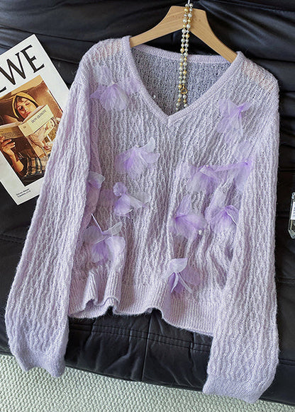 Unique Lavender V Neck Floral Decorated Knit Pullover Fall