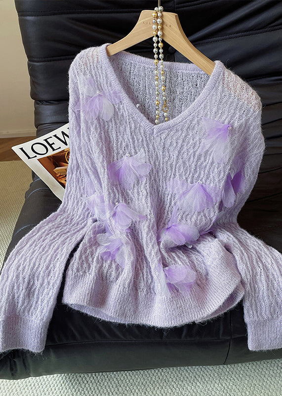 Unique Lavender V Neck Floral Decorated Knit Pullover Fall