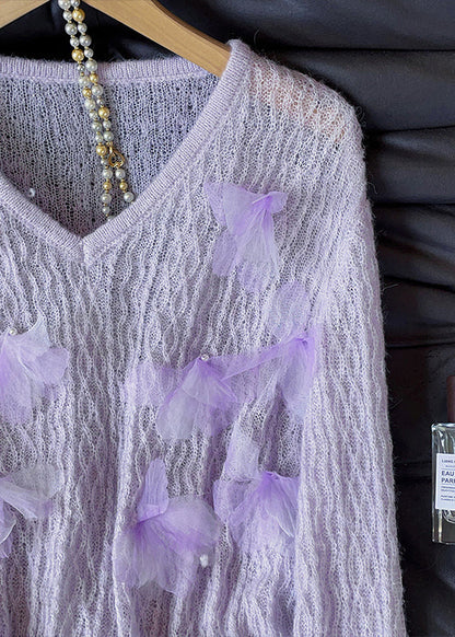 Unique Lavender V Neck Floral Decorated Knit Pullover Fall