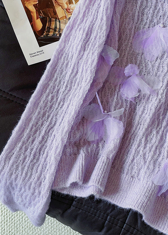 Unique Lavender V Neck Floral Decorated Knit Pullover Fall