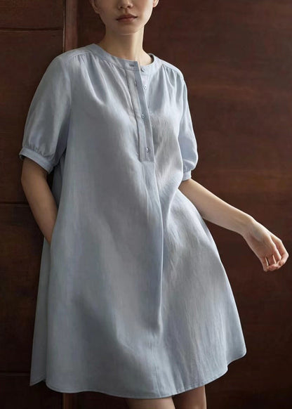 Unique Light Blue O-Neck Half Button Dresses Summer