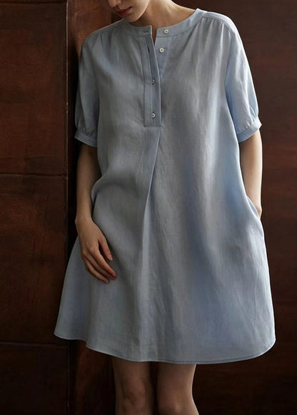 Unique Light Blue O-Neck Half Button Dresses Summer