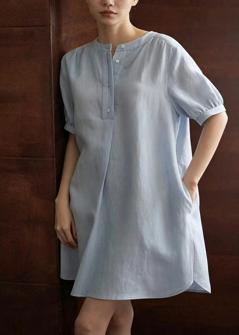 Unique Light Blue O-Neck Half Button Dresses Summer