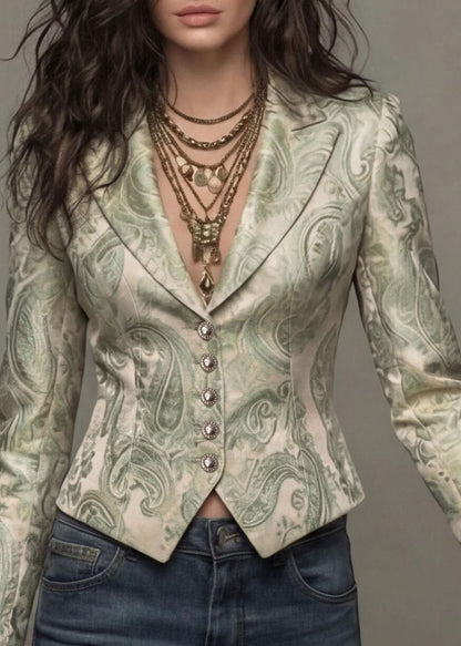 Unique Light Green Peter Pan Collar Print Button Cotton Suit Coat Fall