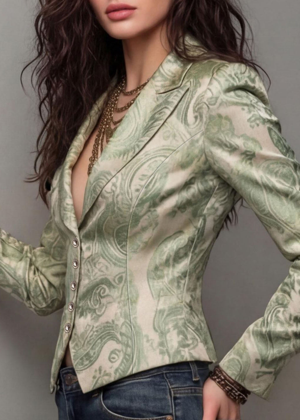Unique Light Green Peter Pan Collar Print Button Cotton Suit Coat Fall