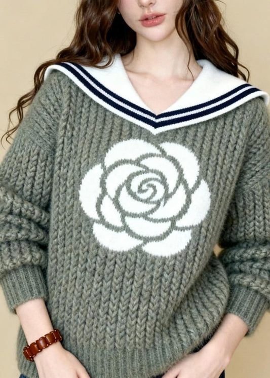 Unique Light Green Sailor Collar Rose Jacquard Knit Sweaters Winter