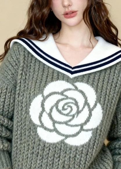 Unique Light Green Sailor Collar Rose Jacquard Knit Sweaters Winter