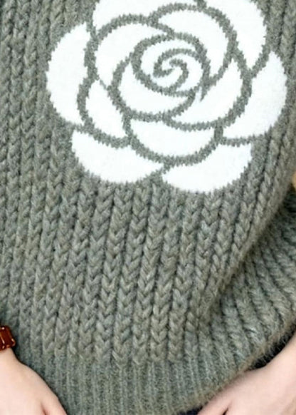 Unique Light Green Sailor Collar Rose Jacquard Knit Sweaters Winter