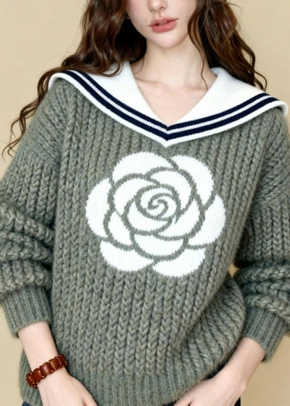 Unique Light Green Sailor Collar Rose Jacquard Knit Sweaters Winter