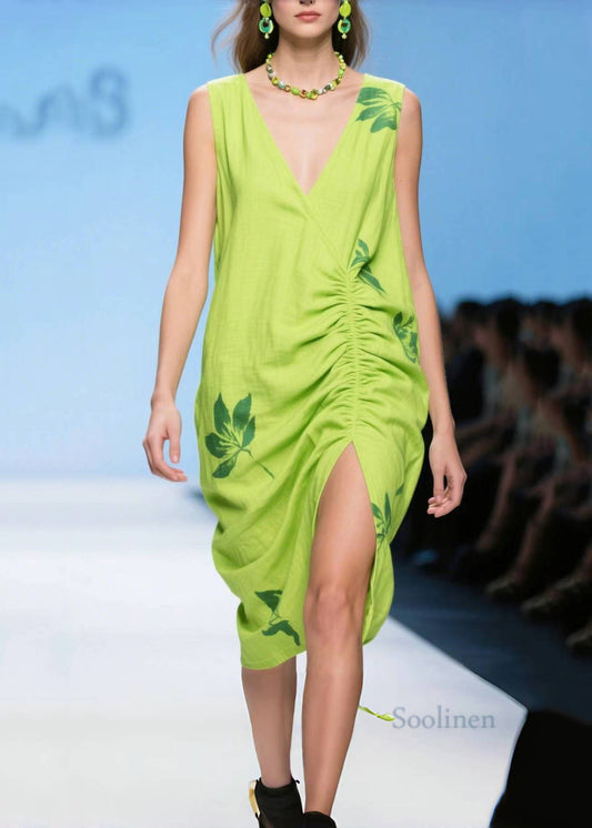 Unique Light Green Side Open Wrinkled Cotton Tea Dresses Summer