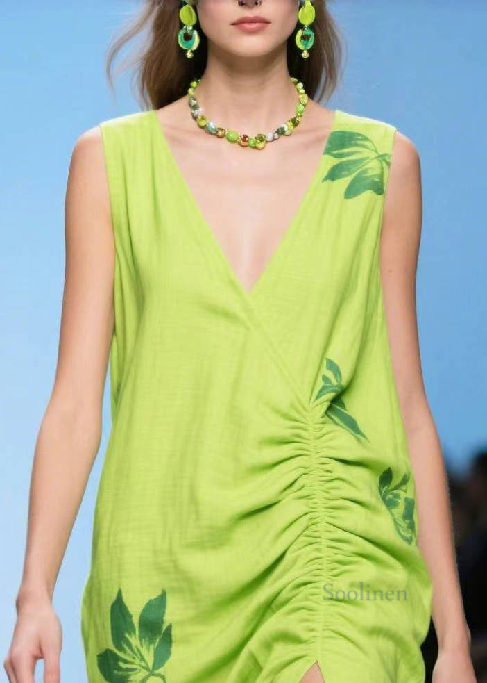 Unique Light Green Side Open Wrinkled Cotton Tea Dresses Summer