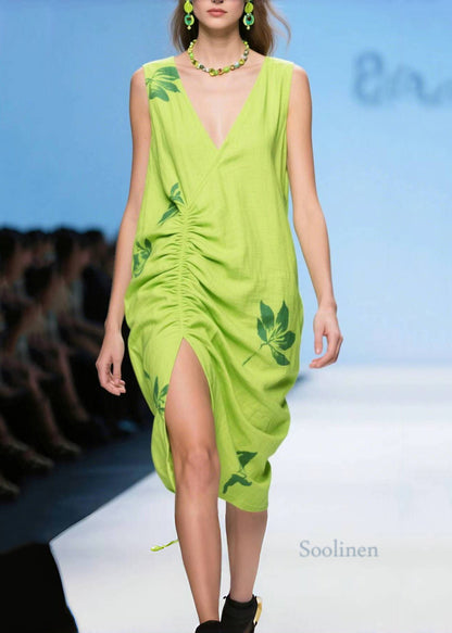 Unique Light Green Side Open Wrinkled Cotton Tea Dresses Summer