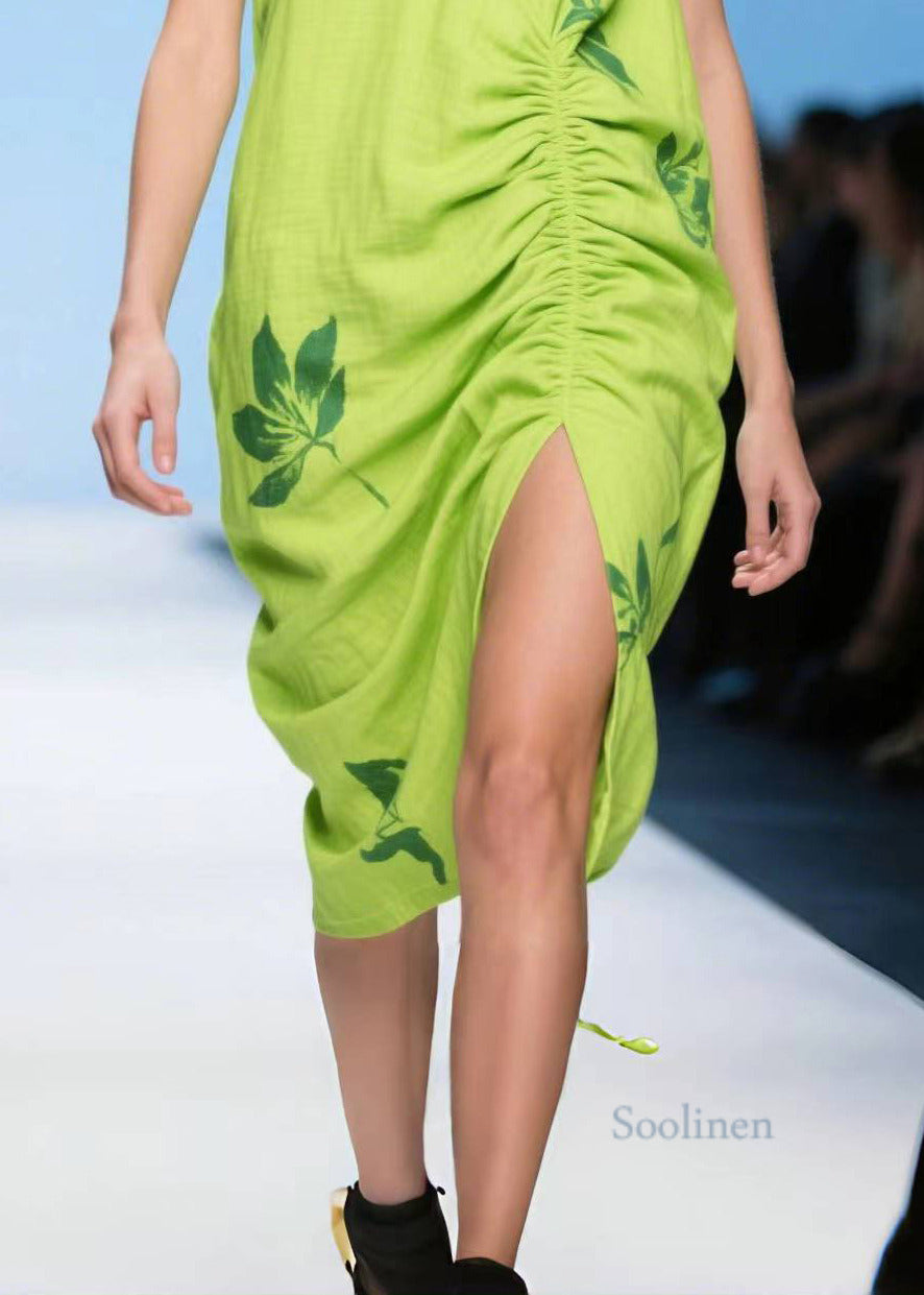 Unique Light Green Side Open Wrinkled Cotton Tea Dresses Summer