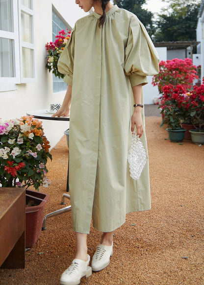 Unique Light Green Stand Collar Solid Cotton Maxi Dress Fall