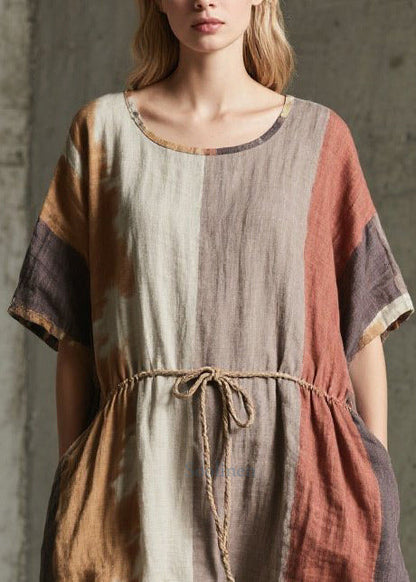 Unique Mixed Color Tie Waist Print Cotton Ankle Dress Summer