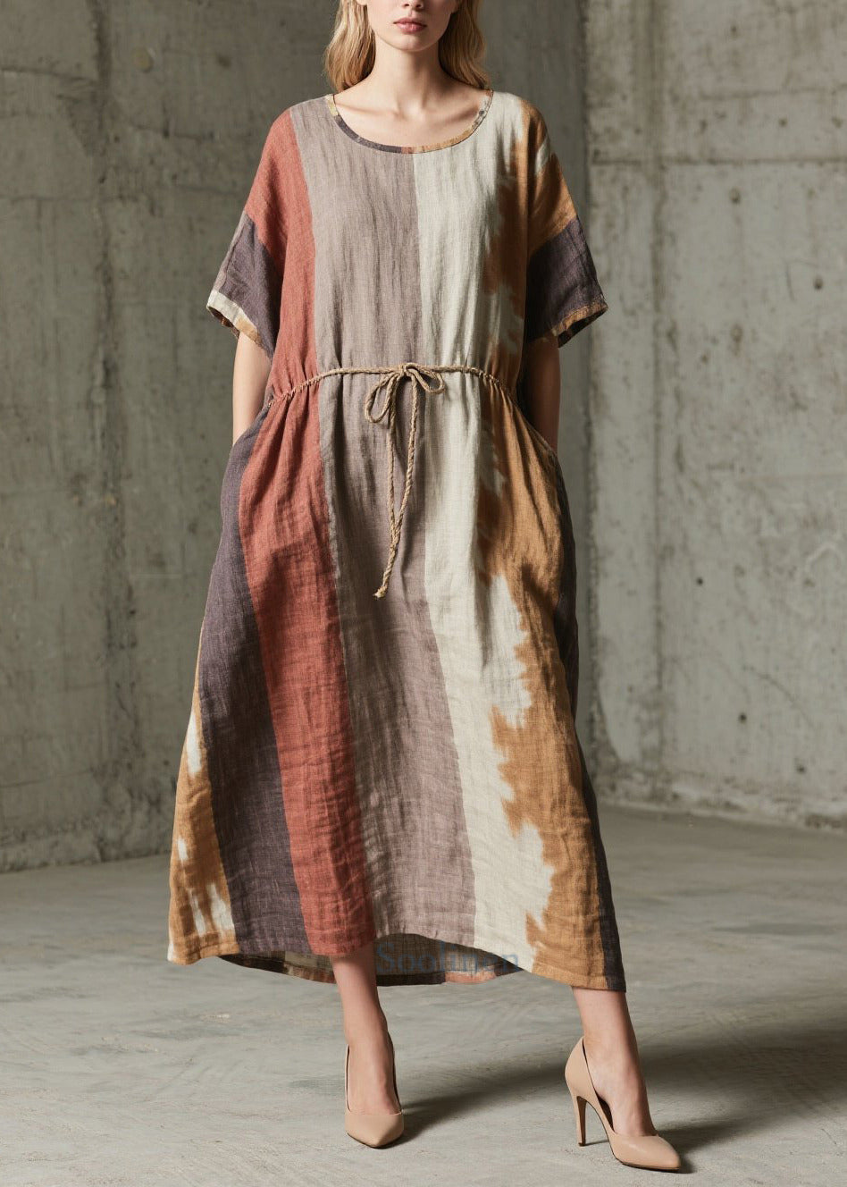 Unique Mixed Color Tie Waist Print Cotton Ankle Dress Summer