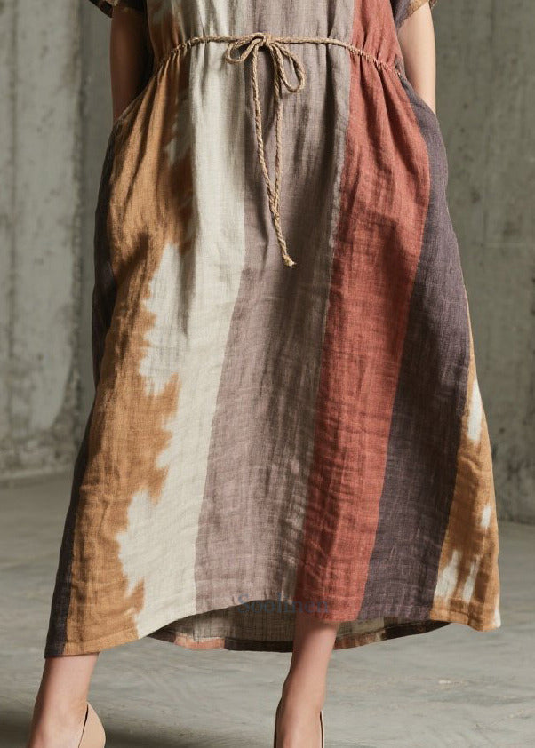 Unique Mixed Color Tie Waist Print Cotton Ankle Dress Summer