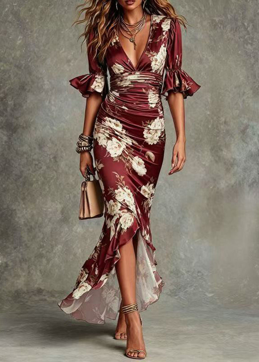 Unique Mulberry V Neck Asymmetrical Print Dresses Summer