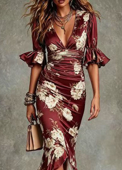 Unique Mulberry V Neck Asymmetrical Print Dresses Summer