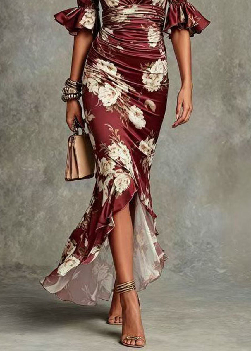 Unique Mulberry V Neck Asymmetrical Print Dresses Summer