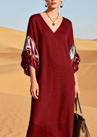 Unique Mulberry V Neck Silk Patchwork Linen Dress Summer