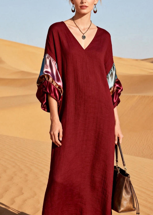 Unique Mulberry V Neck Silk Patchwork Linen Dress Summer