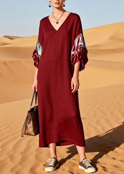 Unique Mulberry V Neck Silk Patchwork Linen Dress Summer
