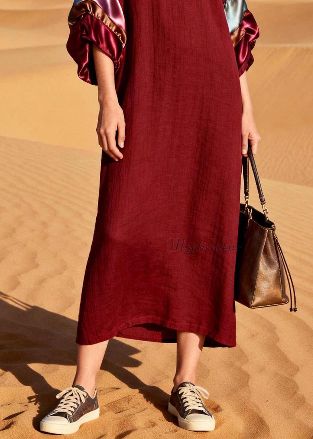 Unique Mulberry V Neck Silk Patchwork Linen Dress Summer