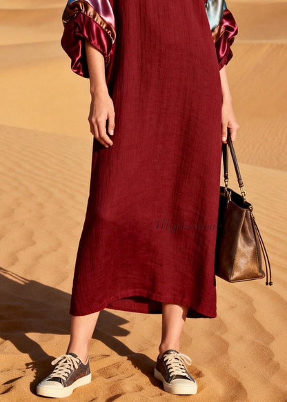 Unique Mulberry V Neck Silk Patchwork Linen Dress Summer