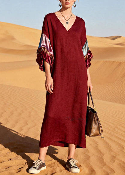 Unique Mulberry V Neck Silk Patchwork Linen Dress Summer