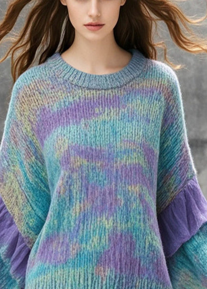 Unique Multicolor Oversized Patchwork Tulle Knit Long Sweater Fall