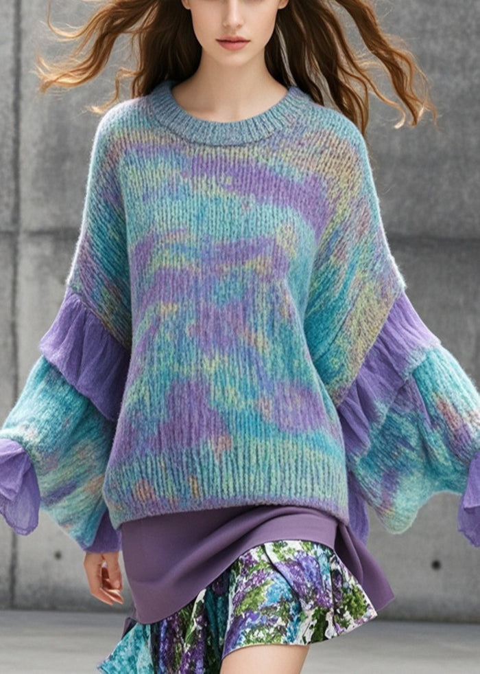 Unique Multicolor Oversized Patchwork Tulle Knit Long Sweater Fall