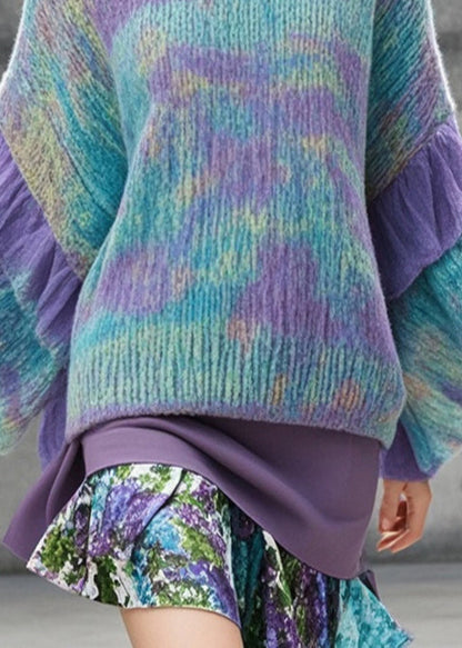 Unique Multicolor Oversized Patchwork Tulle Knit Long Sweater Fall